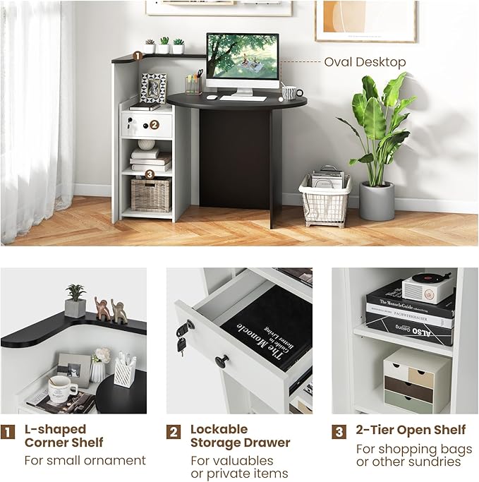 Reception Desk Front Desk Reception Counter with Oval Desktop Open Shelf &amp Lockable Drawer Small Retail Checkout Counter Table Wood Computer Workstation for Home Office Lobby &amp Salon