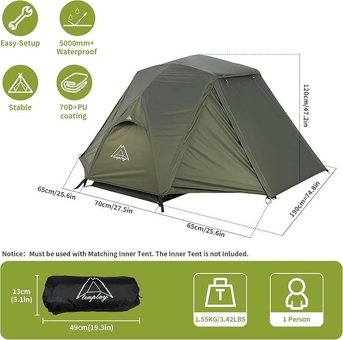 TENPLAY 1-Person Cot Tent FlysheetMust be Used with Matching Inner Tent LightweightWaterproof Sun ProtectionNylon Easy SetupExpandable Rainfly for Camping Hiking Backpacking Picnics