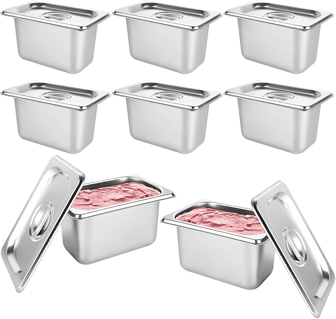 8 PCS Stainless Steel Hotel Pans with Lids 1/9 Size 4 Inch Deep Stainless Steel Steam Table Pan with Lids Metal Food Pans with Lid for Hotel Restaurant Buffet Home