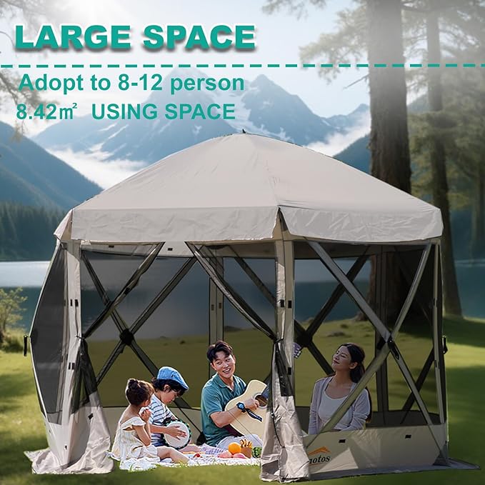 Pop Up Screen Tent 12'x12' Windproof &amp UV Protection Sun Shelter Portable Instant Setup 6-Sided Screen Tent for Picnic Camping Backyard Outdoor (Grey)