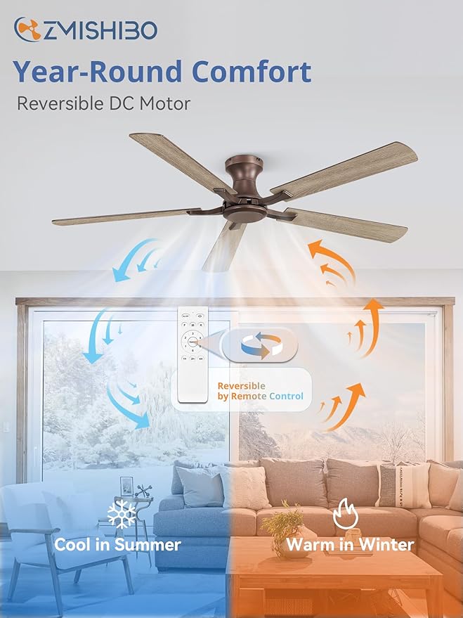 ZMISHIBO 60 Inch Ceiling Fan No Light Flush Mount Low Profile Farmhouse Brown Ceiling Fan Without Light Remote Control &amp Quiet DC Motor for Indoor&ampOutdoor Bedroom Living Room