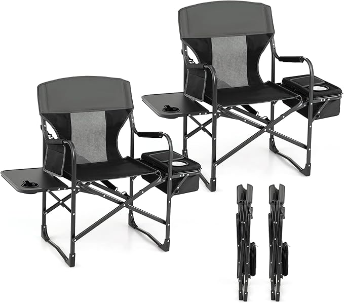 Giantex 2 PCS Camping Chairs Folding Directors Chair with Side Table Pocket Cooler Bag Shoulder Strap Handle Support 400 Lbs Lawn Chair Artist Chair for Makeup Fishing Picnic Black