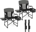 Giantex 2 PCS Camping Chairs Folding Directors Chair with Side Table Pocket Cooler Bag Shoulder Strap Handle Support 400 Lbs Lawn Chair Artist Chair for Makeup Fishing Picnic Black