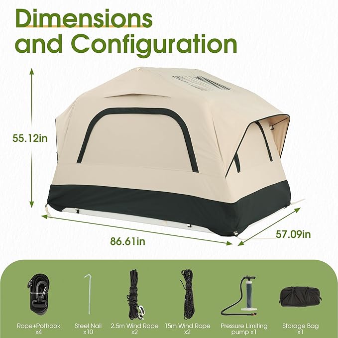 HOMEFUN Inflatable Rooftop Tent for Car Truck 2 Person Roof Tent with Waterproof 300D Fabric Windproof Design for Overlanding and Outdoor AdventureEasy to Set Up