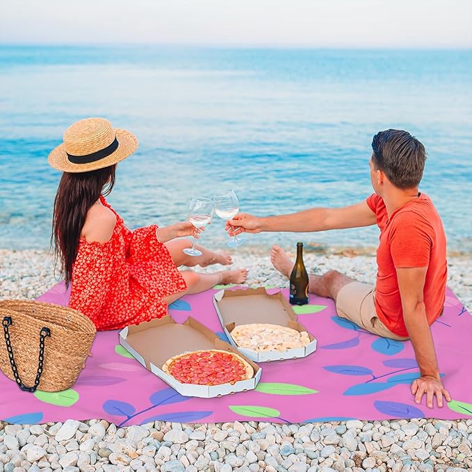 Waterproof Sandproof Beach Blanket 59''×68'' Fig Leaves Polyester Outdoor Picnic Blanket with 4 Stakes &amp Storage Bag for BeachCampingVacation Pink