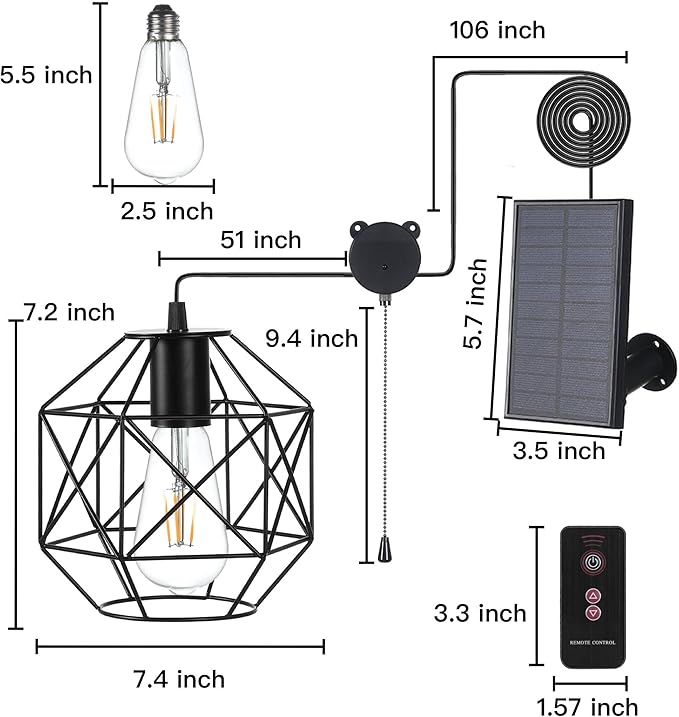 Solar Pendant Lights Outdoor Shed Light Solar Powered Gazebo Lights Outdoor Chandelier Hanging LightsSolar Lights Indoor with Pull Cord for Home Chicken Coop Barn Garage Storage