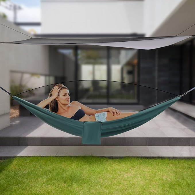 Camping Hammock with Mosquito Net and Rain Fly Tarp200kg Load CapacityLightweight Portable Hammock for BackpackingHikingand Travel-Black/Blackish Green