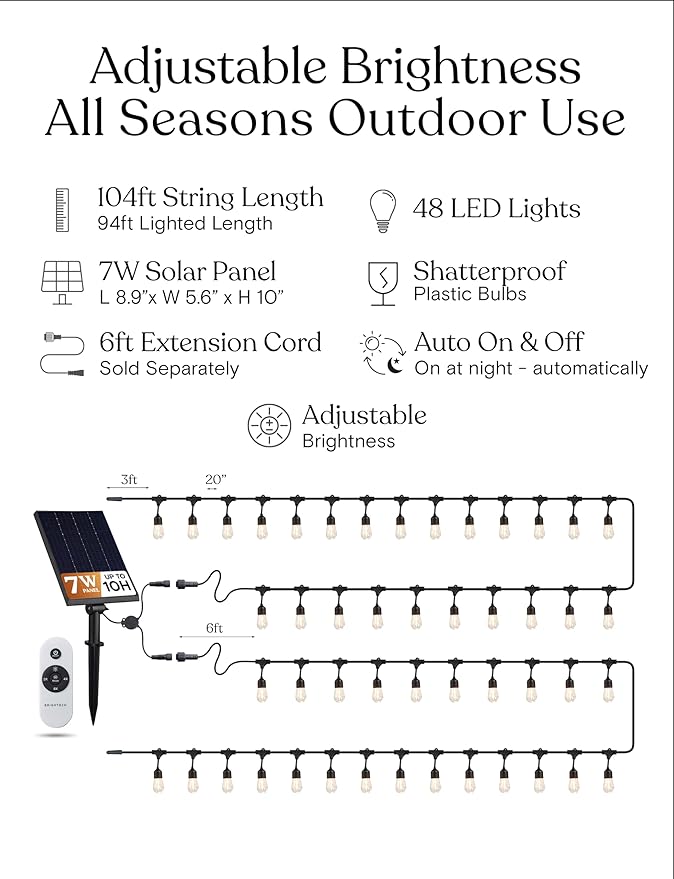 Brightech Solar String Lights with 48 Hanging Edison Bulbs and Brightness Controls with Remote 7W-104 3000K