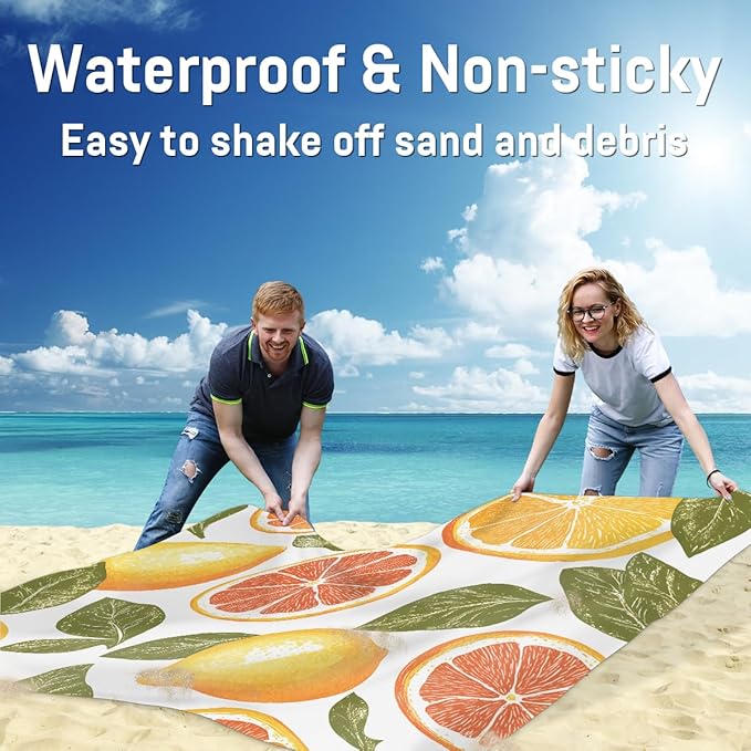 Waterproof Sandproof Beach Blanket 59''×68'' Rose Orange Polyester Outdoor Picnic Blanket with 4 Stakes &amp Storage Bag for BeachCampingVacation White