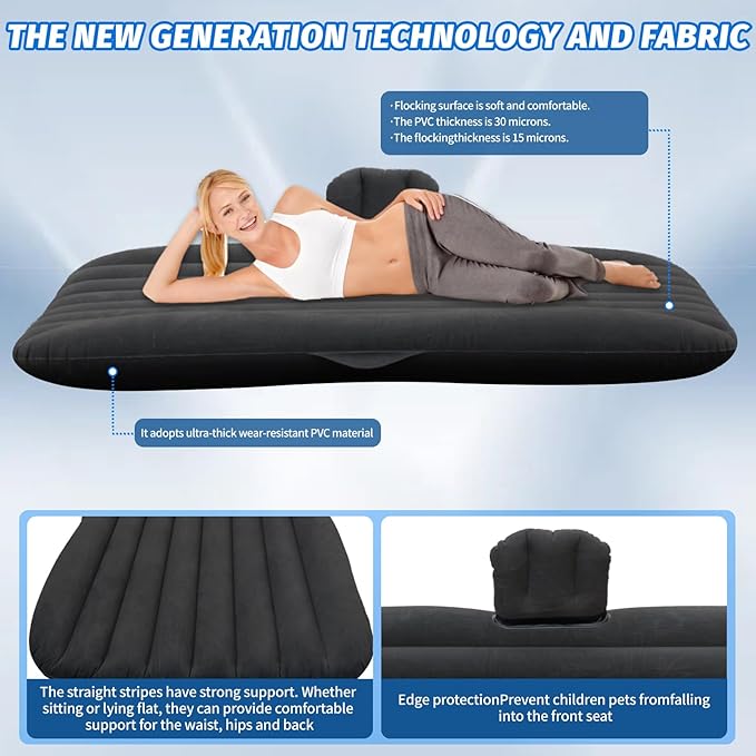 Inflatable Car Air Mattress Back Seat Bed with Air Pump55 x 35 Portable Thickened Car Travel Camping Sleeping Air Mattress Blow Up Bed for Car Universal SUV