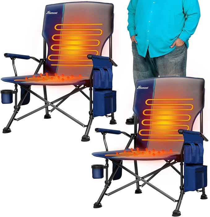 Romswi 2-Pack Heated Camping Chairs 500lbs Heavy Duty Oversized Folding Chair with Dual-Zone Heating &amp Hard Armrests XL Padded Portable Chair for Sports Sideline Tailgate Winter (USB Compatibl