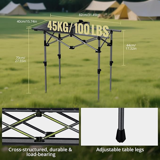 Anbte 3ft Aluminum Roll Top Camping Table Max 27.5 2 Adjustable Height Folding Camping Table Waterproof with Storage Net and Bag for BBQ Picnic Tailgating Backyard RV Travel 32.2” x 16” Pure Black