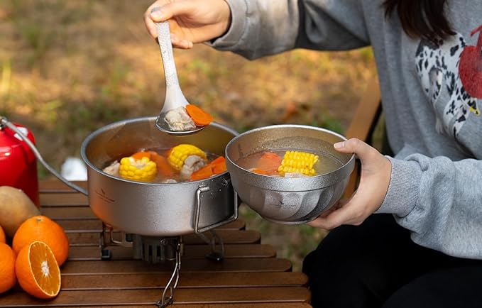 iBasingo 800ML Titanium Bowl Double Wall Insulated Camping Bowl for Soup Rice &amp Food Ultralight Portable &amp Durable Metal Tableware Outdoor Hiking Backpacking - BPA-Free Non-Toxic (Silver)