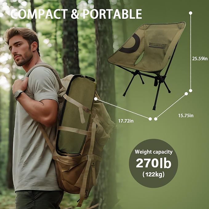 Lightweight Folding Camping Chair for Adults Heavy Duty 270lbs Capacity Compact Backpacking Hiking Chair – Portable Durable Outdoor Chair with Ergonomic Support (Army Green)