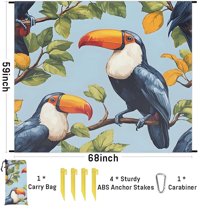 Waterproof Sandproof Beach Blanket 59''×68'' Animals Parrots Polyester Outdoor Picnic Blanket with 4 Stakes &amp Storage Bag for BeachCampingVacation