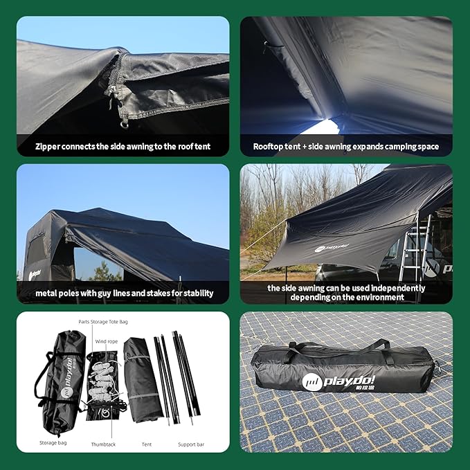 PlayDo Inflatable Rooftop Tent Easy Setup Camping Tent for The Roof of Sedans Pickup Blow Up Roof Top Tents SUV Truck Van Glamping Tent with Porch Strip Light for 2-3 Person