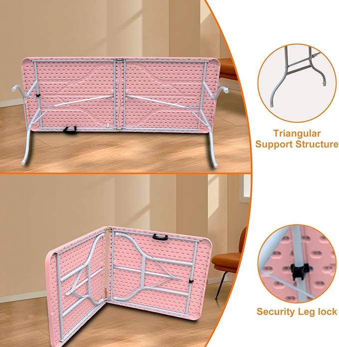 6ft Pink Folding Table Portable Plastic Table for Camping Picnics Parties High Load Bearing Foldable Table