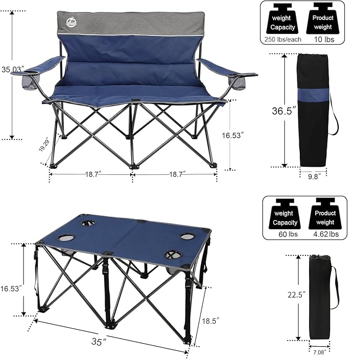 Northroad Folding Camping Chair Set of 4Portable Collapsible Conversation Set w/1 Sofa2 Single Chairs and 1 Table for Family PatioOutdoor TravelBeach(Blue)
