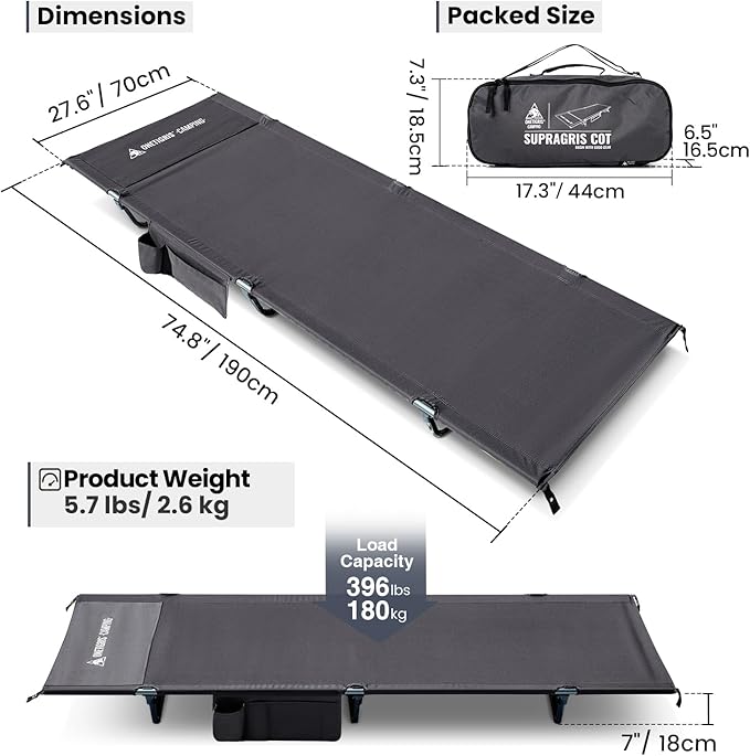 ONETIGRIS SUPRAGRIS Camping Cot Support Up to 400lbs Lightweight Comfortable Folding Bed for Camping Hiking Backpacking Travel Car Trips Office Nap (Gray)
