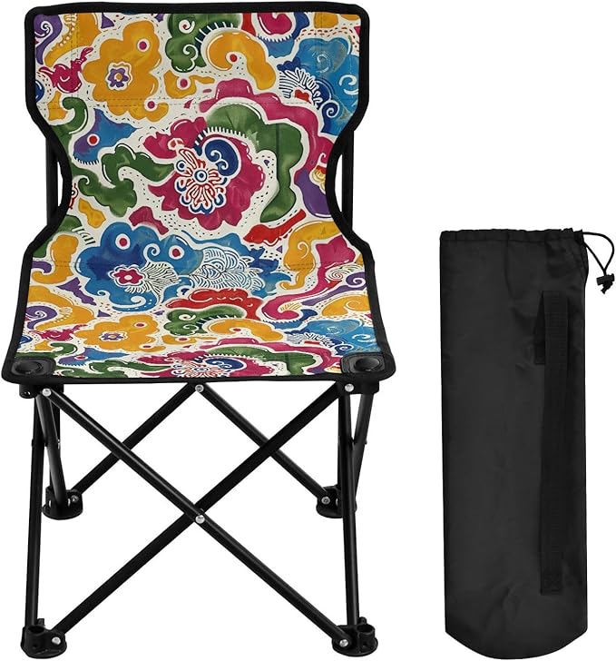 KLL Antique Chinese Pattern Folding Camp Chairs Ultra Lightweight Ultralight Camping Chair with Carrying Bag Travel Chair for Indoor Fishing