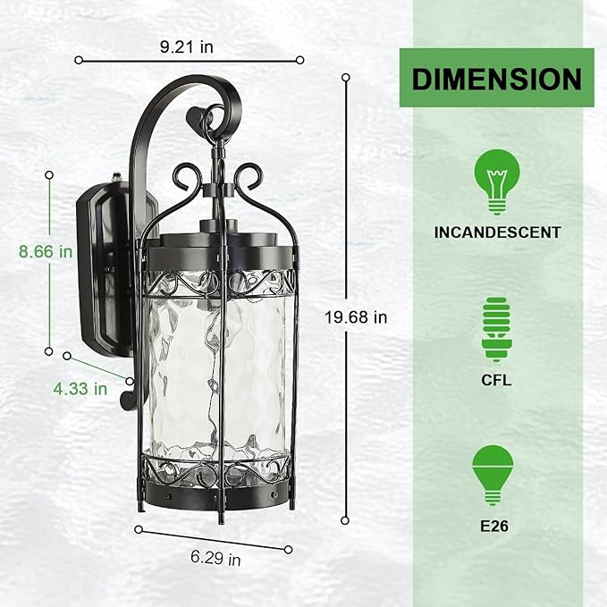 Large Dusk to Dawn Sensor Outdoor Wall Sconce19.68 H Vintage Exterior Light Fixture with IP65 WaterproofClassical European Style Porch Light with Water Glass for Front Door Balcony Porch