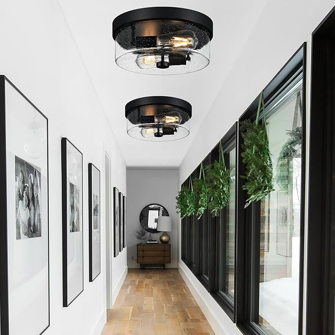 Black Flush Mount Ceiling Light Fixtures 2-Light Ceiling Mount for Farmhouse with Seeded Glass Lampshade Industrial Flush Mount Light Fixture Farmhouse for Hallway Kitchen Entryway and Foyer