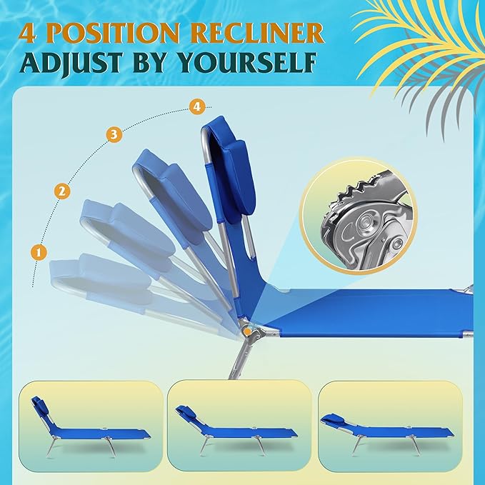 WLIVE Beach Lounge Chair for Adults 4-Position Folding Tanning Chairs with Face Hole 2 Legs Support Portable Outdoor Chair for Beach Pool Blue