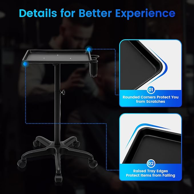 Salon Rolling Tray Adjustable Hairstylist Rolling Tray with WheelsPremium Aluminum Tattoo TraySuitable for spa Hairstylist Salon Trolley cart with Wheels