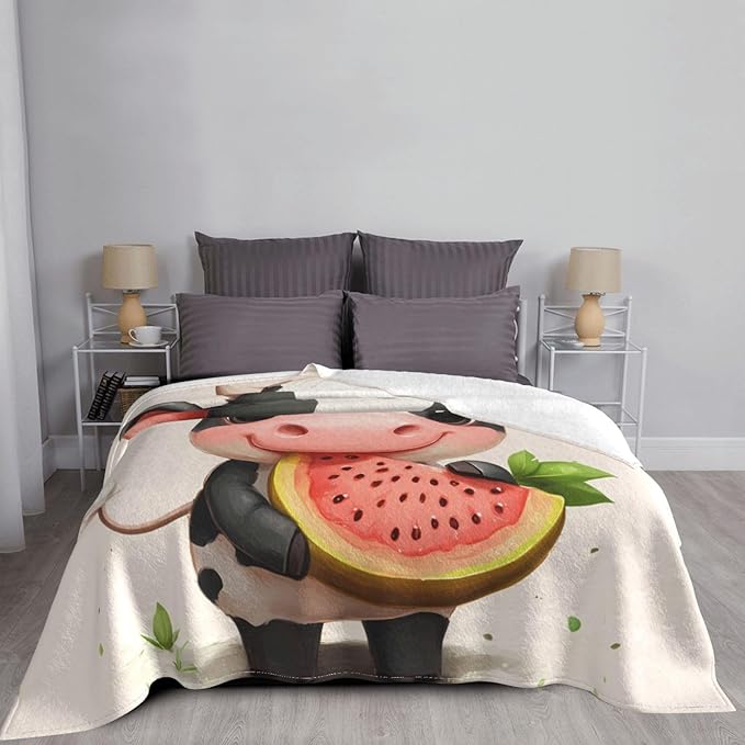 Little Cow Eating Watermelon Soft Fleece Blanket 60 * 50 inch Soft Sofa Blanket Suitable for Sofa Camping Travel Night Cover Blanket
