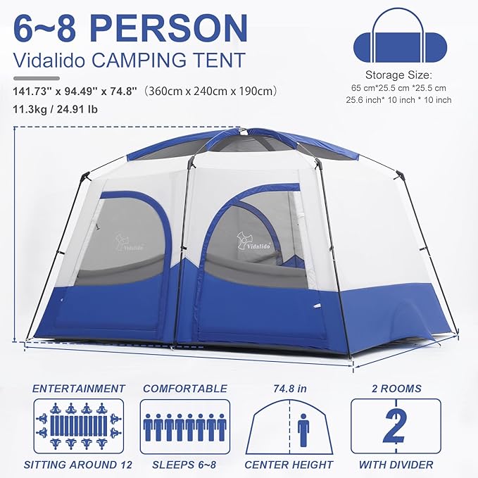 Vidalido Tents6-8 Person Camping Tent with Extended Vestibule2 Room Weather Resistant Family TentsEasy Install Waterproof Outdoor Tent for Backpacking and Camping Hiking