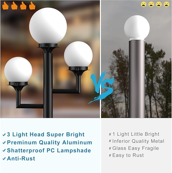 Lightdot 79 Modern Stable Post Lights Outdoor 3-Heads Street Pole Lights IP65 Waterproof Heavy-Duty Aluminum Lamp Posts Outdoor Lighting with 3Pcs 3000K LED Bulbs for Driveway/Garden/Yard