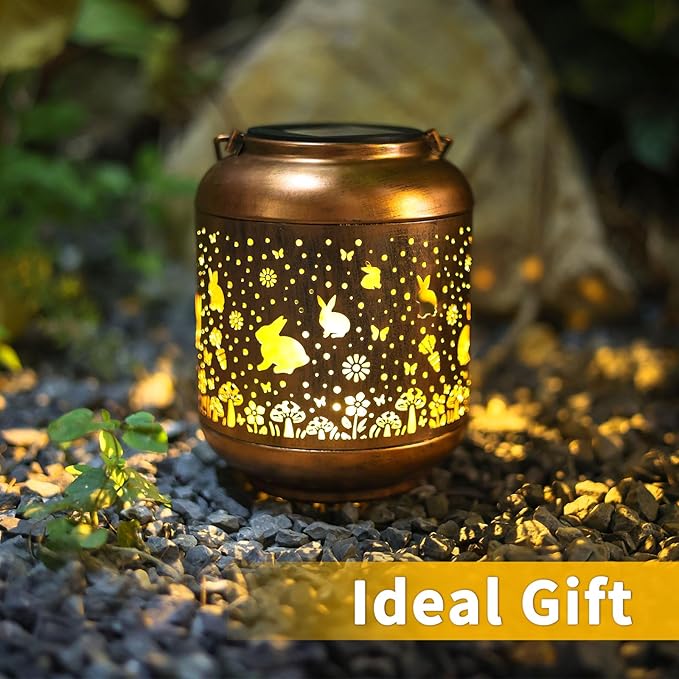 Rabbit Solar Lanterns Outdoor WaterproofGarden Decor Solar Lights Bunny Gifts for Women Mom GrandmaMetal Outside Decoration Hanging Lantern for YardPorchPatioLandscapeBackyardLawn