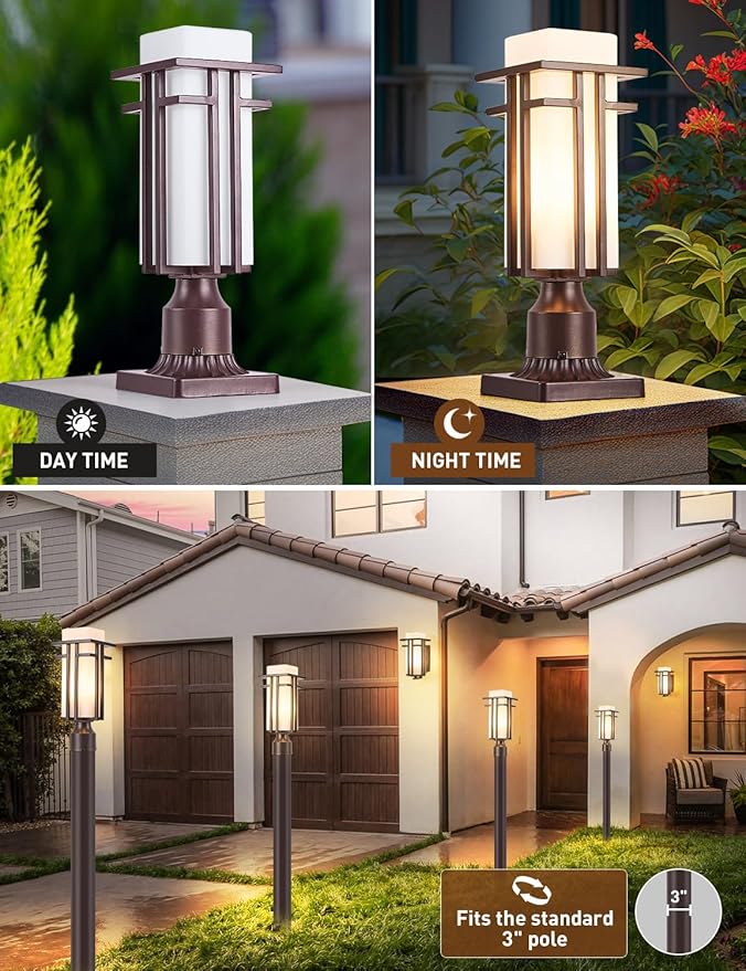 Oil Rubbed Bronze Outdoor Post LightsWaterproof Pole Mount Light Fixture with Pier Mount Adapter(with 3-Inch Pier Mount Base) Exterior Lamp Post Lantern Head for YardGarden Backyard and Porch