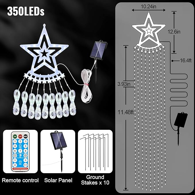 HELESIN Solar Outdoor Christmas Decorations Lights 350LED Christmas Star Tree Light wth Remote Control 8 Modes Waterfall Lights USB Charge for Holiday Xmas Tree Patio Yard Decor Cold White