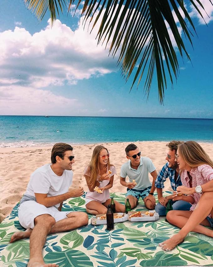 Summer Tropical Plant Beach Blanket Waterproof Sandproof Blue Green Leaf Vintage Linen Beach Mat Quick Drying Outdoor Picnic Mat 83 x 79 for 1-4 Adults Essentials for Travel Camping Hiking