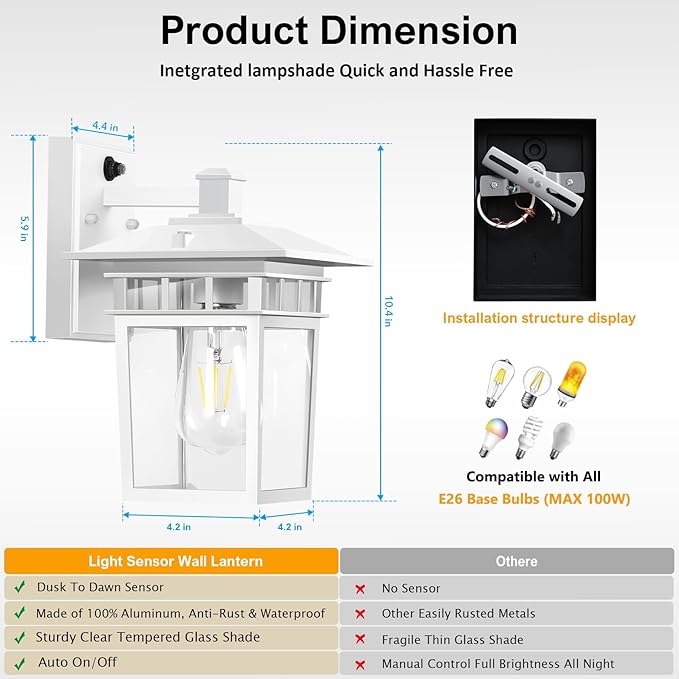 Compact Dusk to Dawn Outdoor Lighting Fixtures Wall Mount Sensor Exterior Wall Lights for House Anti Rust Porch Light White Sconce Lamp Waterproof Wall Lantern for Doorway Garage 2-Pack