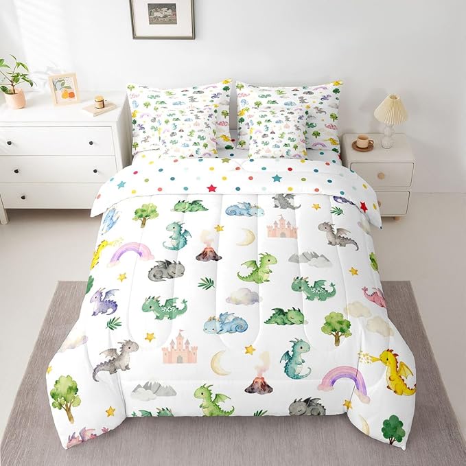 Baby Dragon 7 Piece Bedding Set Full Size Animal Comforter Set with SheetsPillowcases &amp Cushion Cover for Boys Girls Bedroom Decor Cartoon Wildlife Bed in a Bag Microfiber Women Men White Green