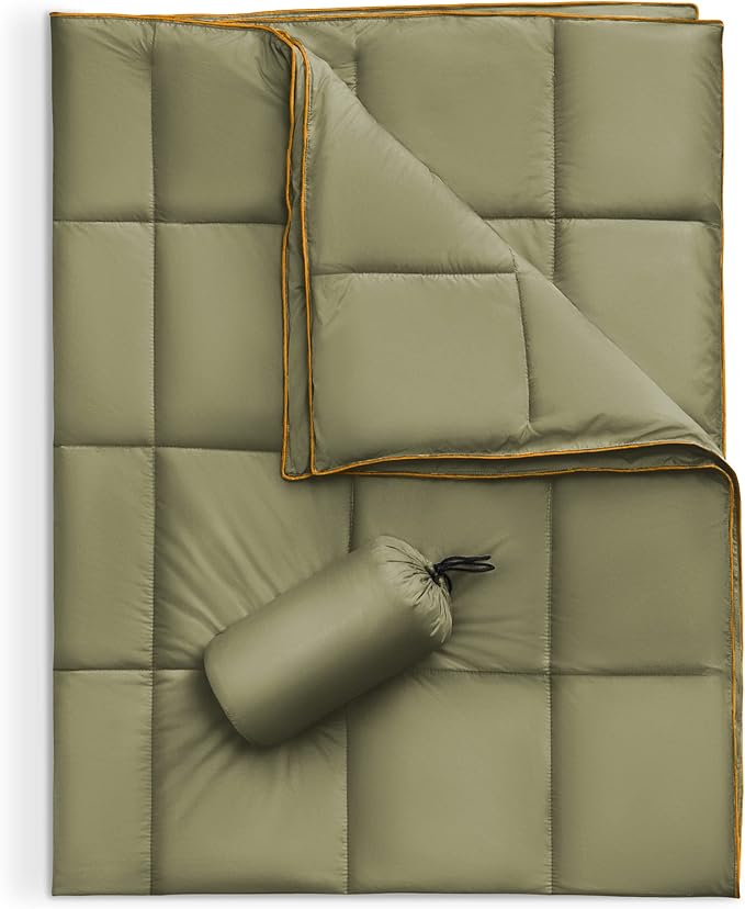 Sonive Blanket 56x80Lightweight Packable Compact Blanket Puffy Warm Outdoor Down Alternative Polyester Filling Weatherproof Quilt for Hiking Backpacking Picnic Stadium Olive Green