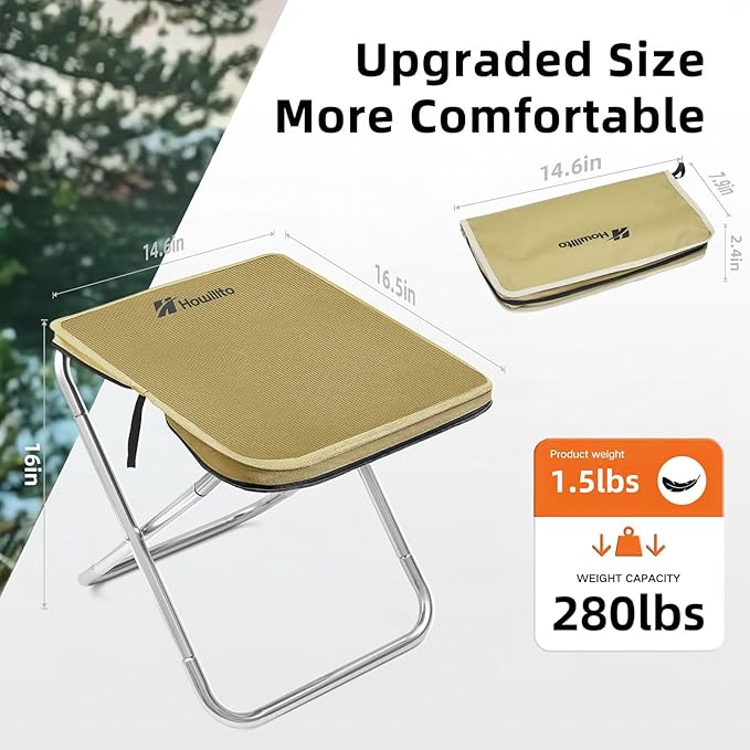 Camping Stool 16in Tall Portable Folding Stool with Carry Bag Upgraded Ultralight Chair with Roomy Seat for Adults Holds 280lbs Ideal for Hiking Fishing Outdoor Use Brown