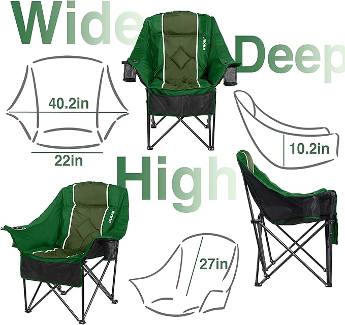 Oversized Camping Chair for Adults - Heavy Duty 400 lbs Padded Folding Chair with Wine Glass Holder 2 Cup Holders &amp Side Pockets Portable Carry Bag for RV Tailgating Lawn