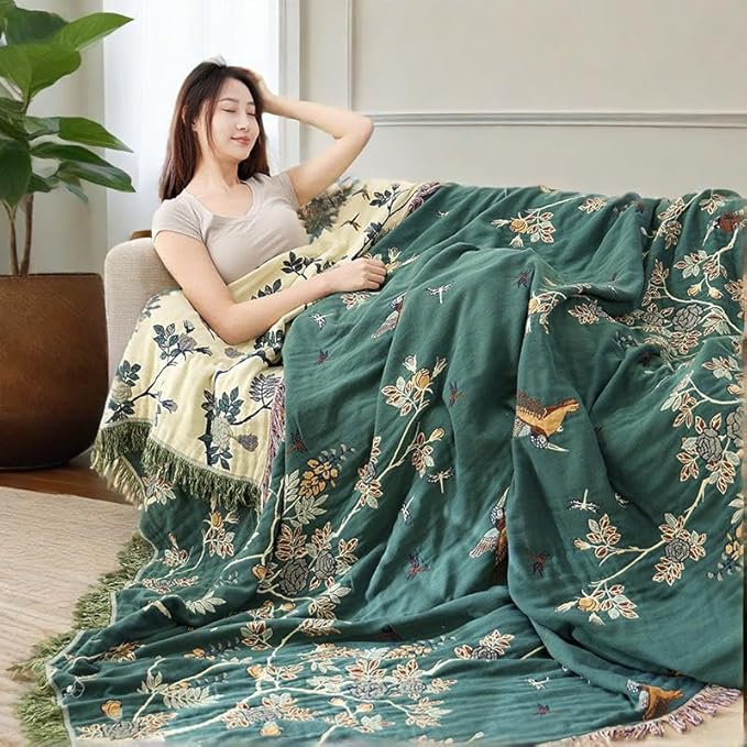 ITFRO Boho Throw Blanket 100% Cotton 4 Layer Muslin Blanket Twin Size 60x80 Lightweight Breathable Rustic Bed Throw Floral Bird Farmhouse Decor for Sofa Couch (Boho Green 60x80)