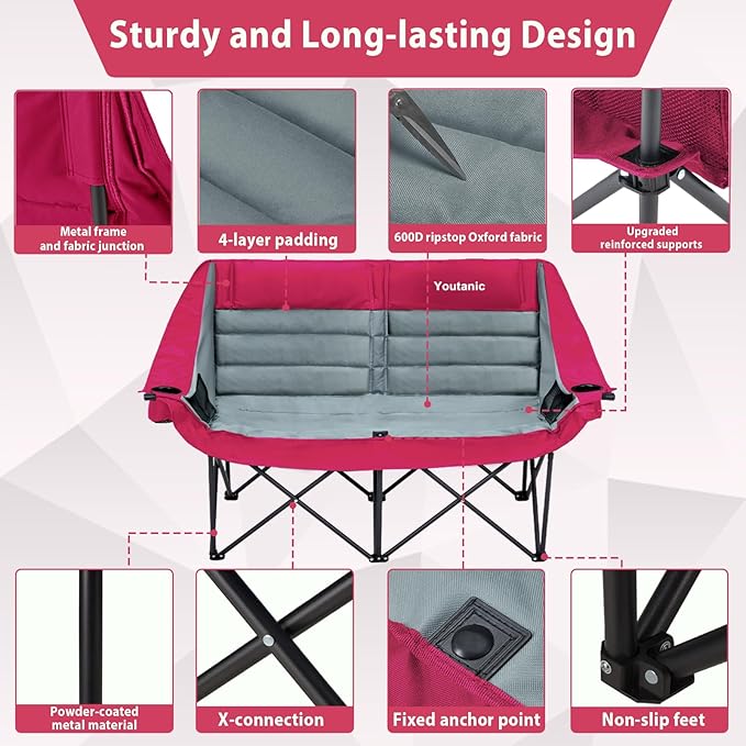 Oversized Double Camping Chair Folding Loveseat Camping Couch with Pocket Cup Holder and Carry Bag Heavy Duty Portable Camping Chairs for Adults Fishing Sports Trip up to 660lbs Red