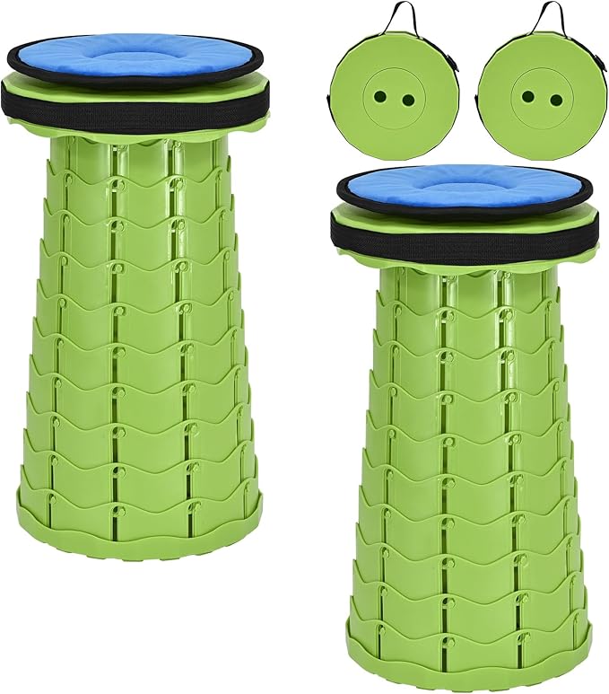 2 Pack Upgraded Collapsible Stool with Cushion Thickened Retractable Folding Stool Max Load Capacity 400lbs Portable Telescoping Stools for Camping Fishing Outdoor Hiking BBQ -Green