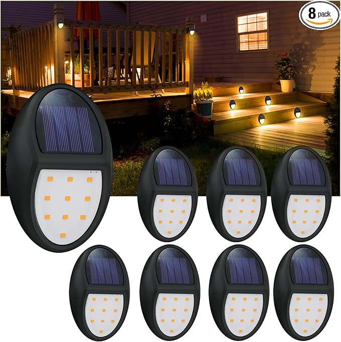 8 Pack Outdoor Fence Solar Lights IP68 Waterproof Solar Step Lamps for Backyard Garden Pathway Porch Patio Driveway Walkway Railing - Yellow Light