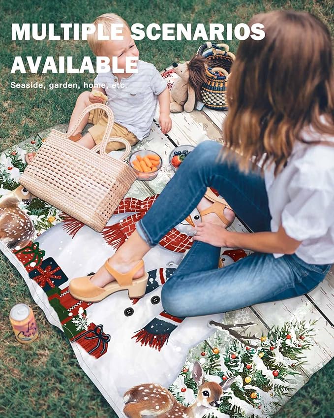 Beach Blanket Waterproof Sandproof OversizedChristmas Snowman Pine Tree Reindeer Beach Mat with Corner Stakes Sand PocketsPoinsettia Bell Wood Grain Picnic Mat for Travel Camping Hiking95x80In