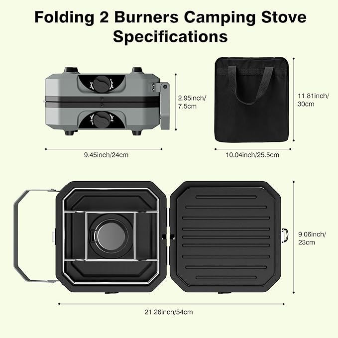 Camping Stove Portable Propane Camp Stove with Independently Adjustable Heat &amp 2 Burners Foldable Gas Stove with Carry Bag for Outdoor CookingTailgating &amp Backyard Gathering（Gray）