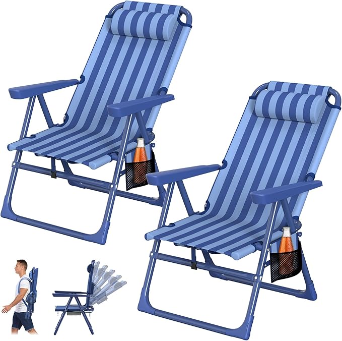 Suteck Backpack Beach Chairs for Adults 2 Pack 6-Position Folding Reclining Chair with Cooler Bag &amp Cup Holder Lightweight Portable Beach Chair for Camping Outdoor Sand Travel Use