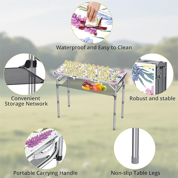 Anbte 3ft Folding Camping Table with Storage Net &amp Bag 3 Adjustable Height Max 27.5 Outdoor Folding Table Lightweight Portable Handle for Outdoor Indoor Camping Beach RV Picnic Blooming Floral