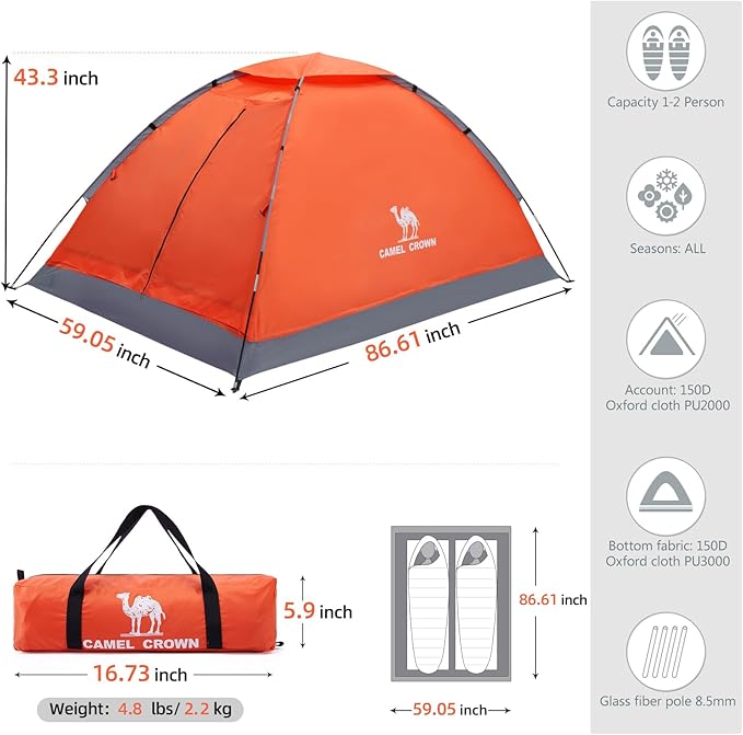 CAMEL CROWN 2/3/4 Person Camping Tent with Removable Rain Fly Easy Setup Outdoor Tents Water Resistant Lightweight Portable for Family Backpacking Camping Hiking Traveling