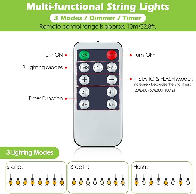 96FT(2 * 48FT) Outdoor String Lights with Remote Dimmable Patio Lights with 30+4 Bulbs 3 Modes 4 Level Timers for Balcony Porch Black 2 Pack